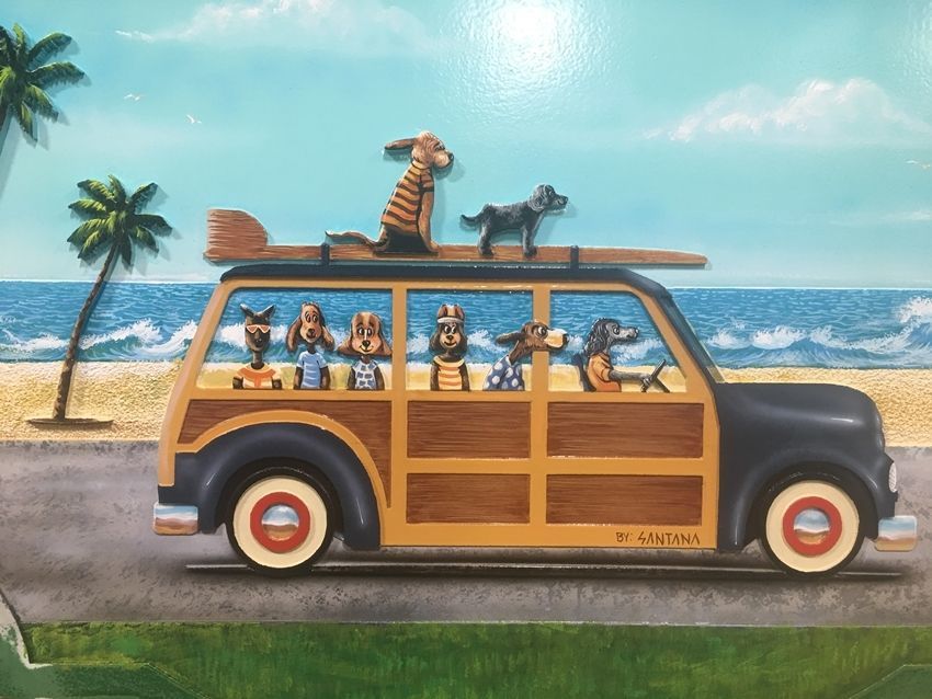 L21043A -  Close-up of Carved Artwork for Beach House Sign, “Surfin' Safari ”, with a Vintage Woody Station Wagon with Eight Dogs and a Surfboard Driving to the Beach 