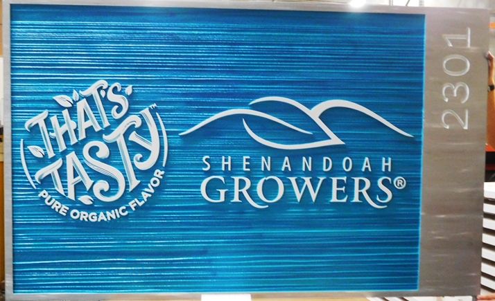 Q25674 - Carved and Sandblasted Sign for "Shenadoah Growers" , with Raised Text , Border and Stylized Leaf Logo as Artwork