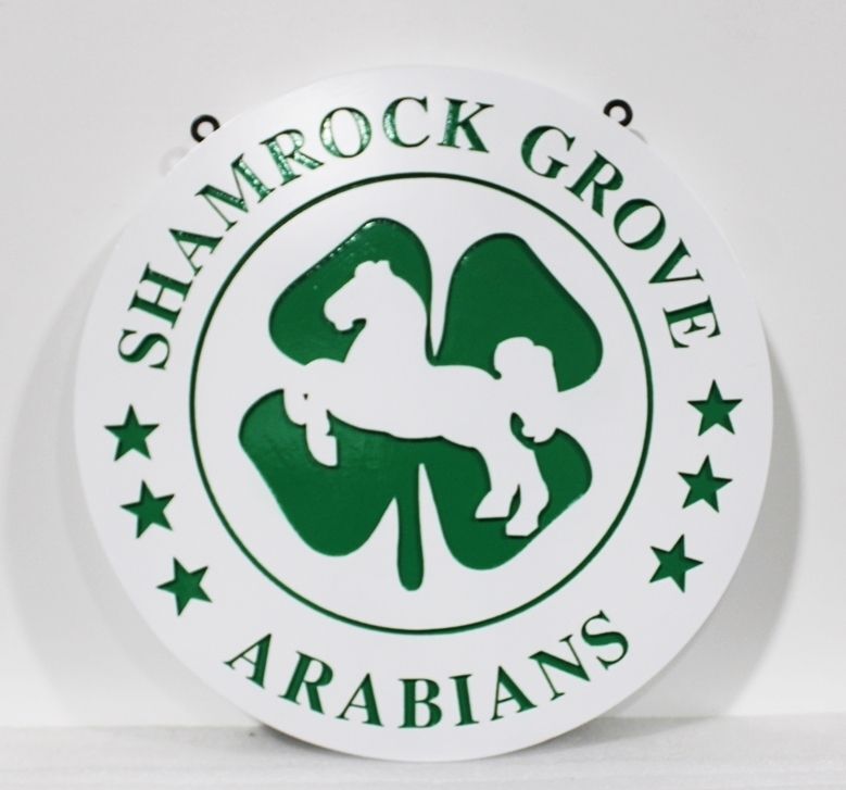 P35314 - Engraved HDU  Sign for the "Shamrock Grove Arabians", with a Horse Surrounded by a Shamrock as Artwork