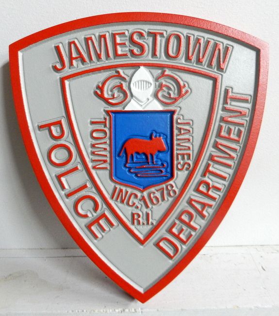 PP-2060 - Carved  Wall Plaque of the Shoulder Patch of the Jamestown Police,  Virginia, Artist Painted