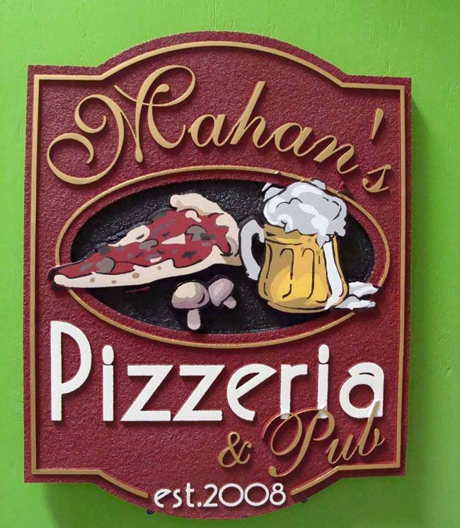 Q25214 - Carved HDU (or Wood) Pizzeria and Pub Restaurant Sign with Carving of Pizza, Beer and Mushroom 