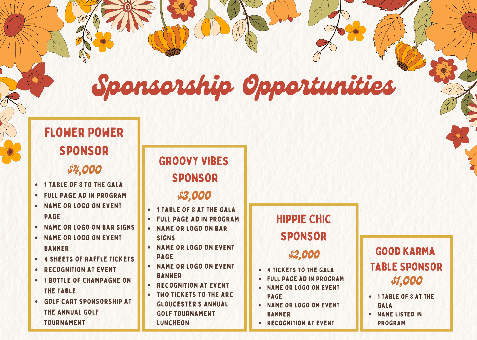 Image Reading: Sponsorship Opportunities. Tiers Include: Good Karma Sponsor ($1,000), Hippie Chic Sponsor ($2,000), Groovy Vibes Sponsor ($3,000), and Flower Power Sponsor ($4,000). For more information, please reach out to Marcie Hahn at 856-848-8648.