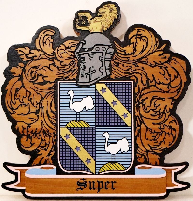 XP-3536 - Family Crest Plaque with Ostrich & Stars Shield, 2.5-D Painted on Stained Wood Backboard
