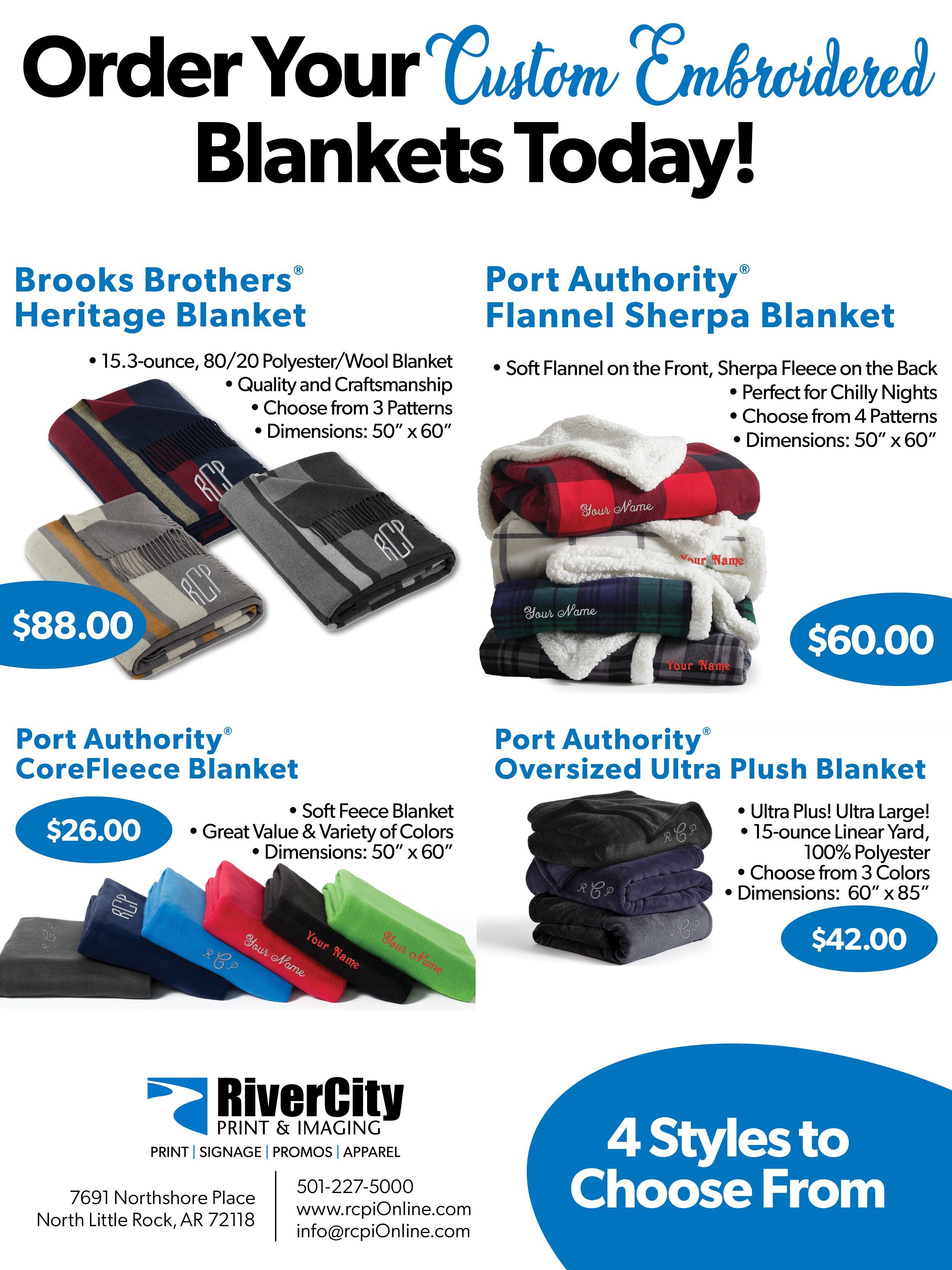 Order custom embroidered blankets for your loved ones. Four styles to choose from: Brooks Brothers Heritage Blanket, Port Authority Flannel Sherpa Blanket, Port Authority CoreFleece Blanket, and Port Authority Oversized Ultra Plush Blanket. 