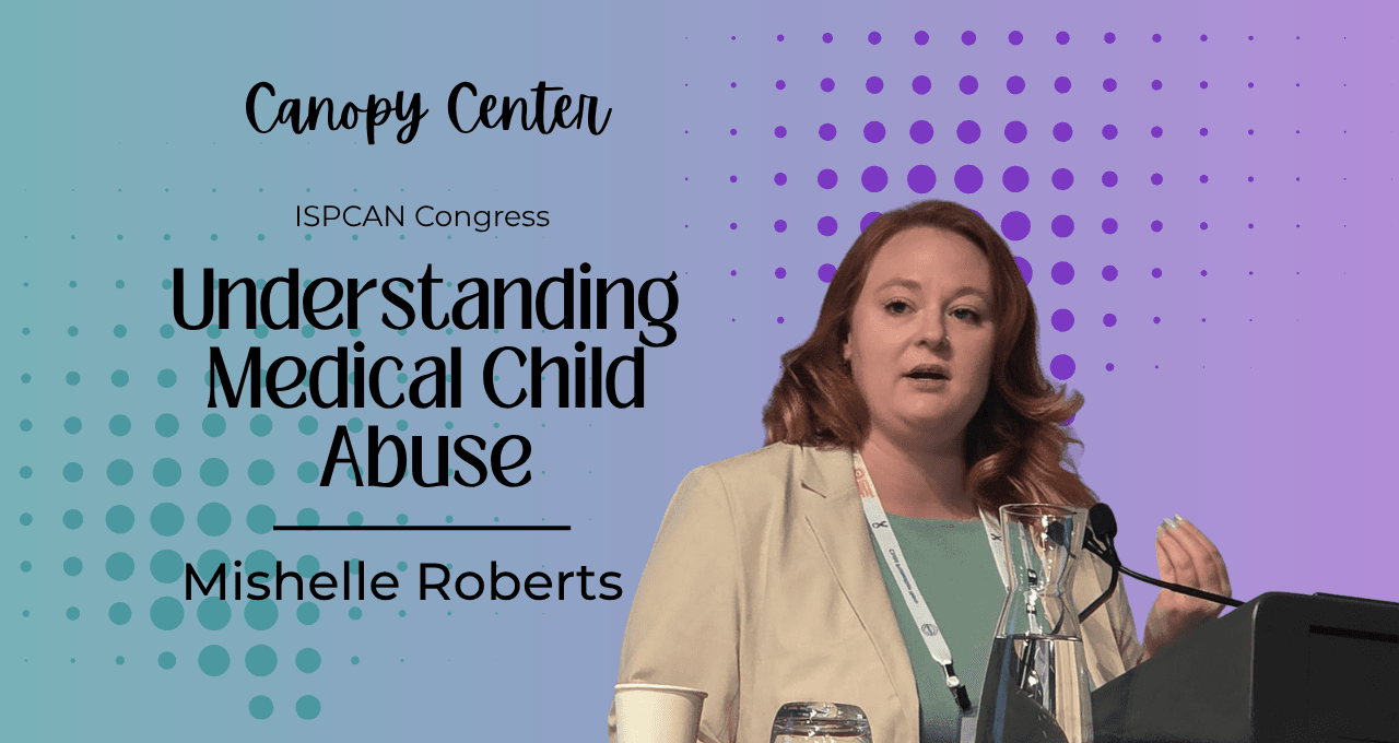 Mishelle speaking at ISPCAN with colors and shapes and text about child medical abuse