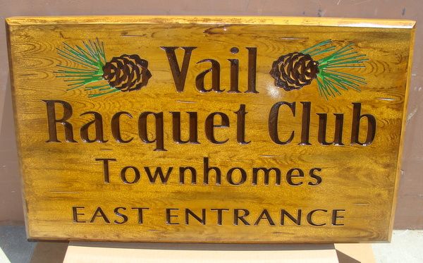 M22122 - Engraved Wood Entrance Sign for "Vail Raquet Club", with Pinecones
