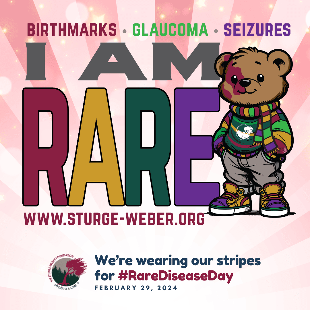 Drawing of teddy bear in a colorful striped sweater and scarf. Large letters to the left that say, "I am Rare" We're wearing our stripes for #RareDiseaseDay
