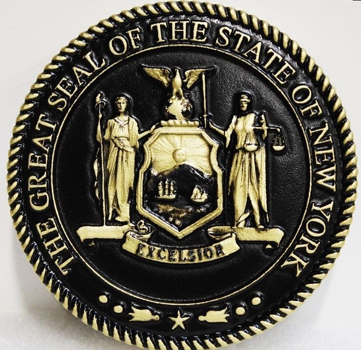 GP-1305 - Carved Plaque of the Seal of the  Unified Court System, State of New York, Painted Metallic Brass