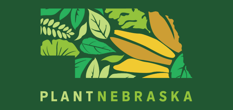 The Plant Nebraska logo featuring a yellow sunflower in the corner and a variety of leaves in different shades of green.