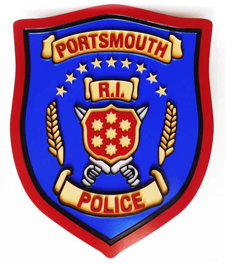 PP-2056 - Carved Plaque of the Shoulder Patch of the Portsmouth Rhode Island  Police, 2.5-D Artist-Painted