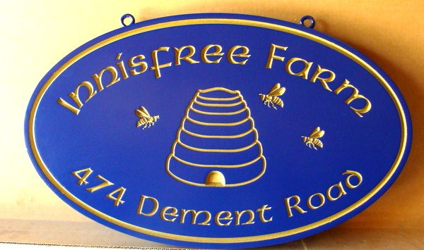 024752– Carved  Engraved HDU  Sign for “Innisfree Farm”, with Beehive 