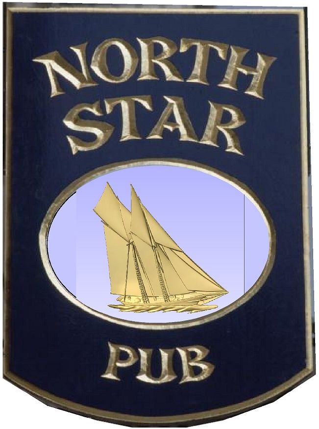 RB27657 -Carved Wood English "North Star" Pub Sign, swith Schooner Sailboat as Artwork