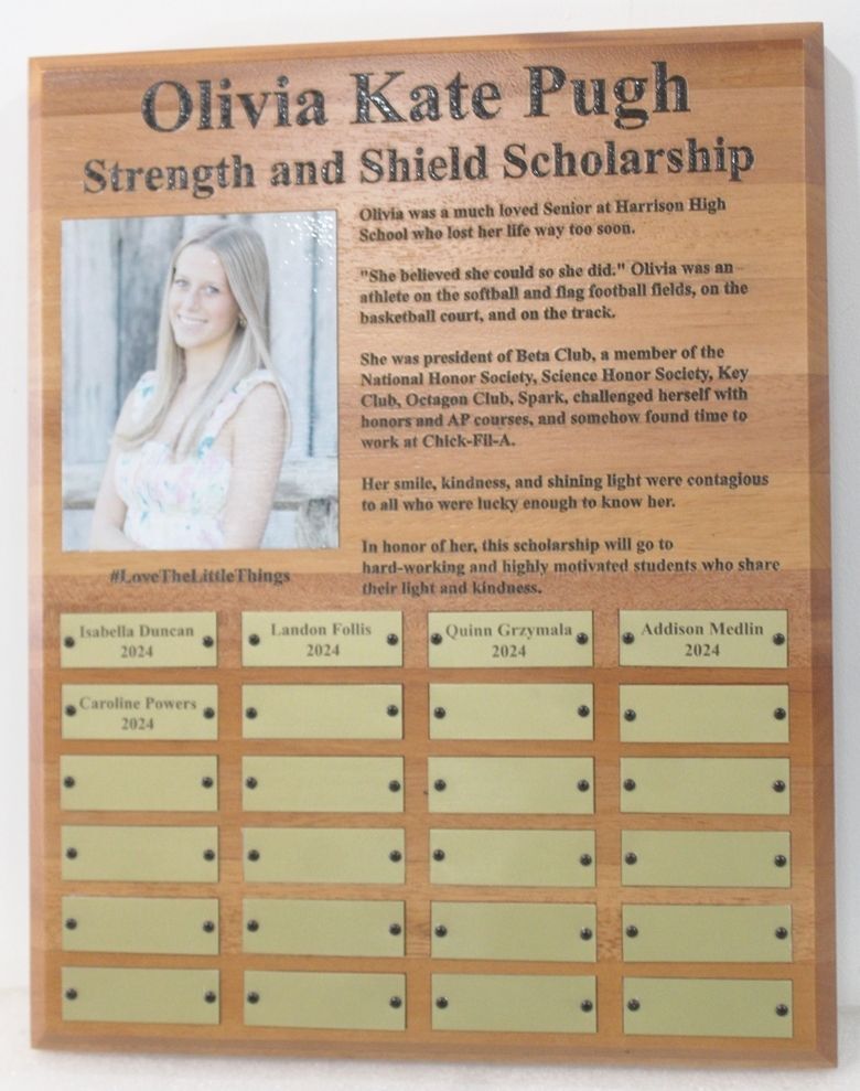 SB1312 - Carved Engraved Wood Photo Scholarship Plaque as a Memorial for a Young Woman