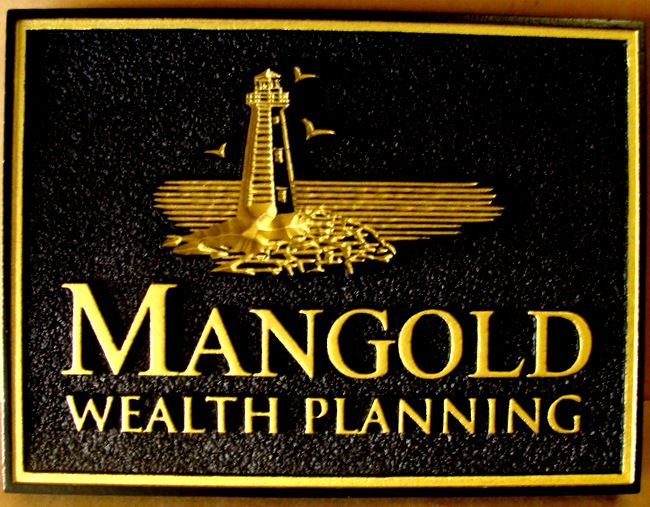 C12009 - Carved "Mangold" Wealth Planning Firm Sign, with Raised Text, Lighthouse and Border, 24K Gold Leaf Gilded 