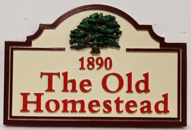 O24867 - Carved HDU Entrance sign for "The Old Homestead", with an Oak Tree as Artwork. 