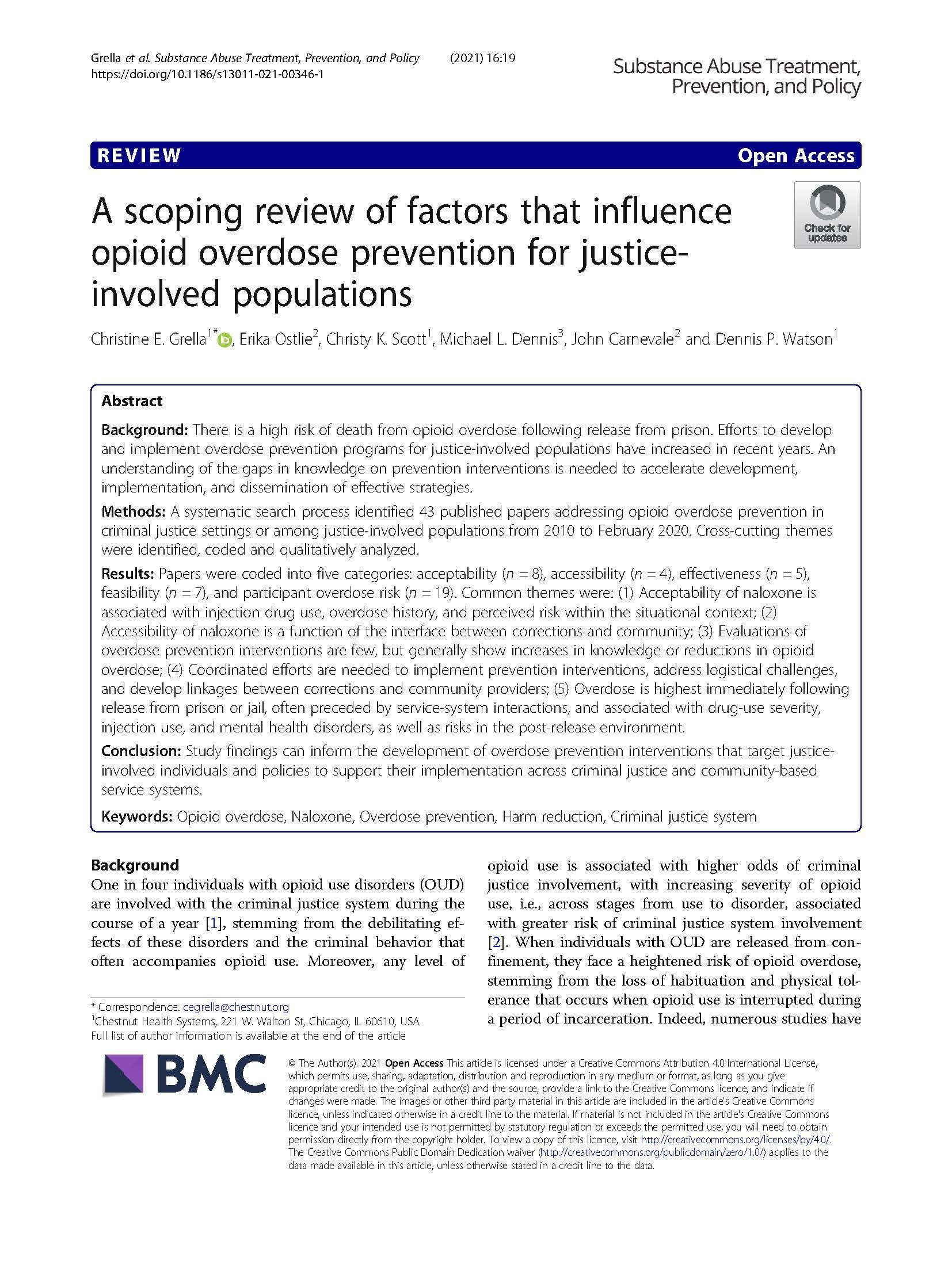 A Scoping Review of Factors That Influence Opioid Overdose Prevention for Justice-Involved Populations