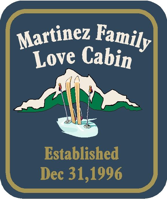 M22212 - Design for Family "Love" Cabin with Skis, Ski Poles, Snow and Snow Covered Mountains 