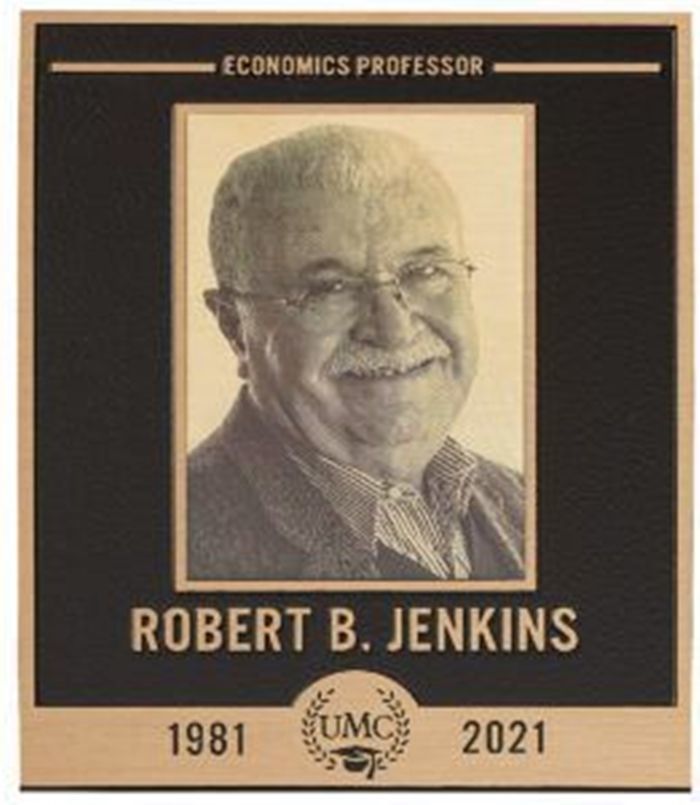 M7902 - Etched  Bronze Memorial Plaque Honoring Robert B. Jenkins, Economics Professor, with Half-tone Etched Photo