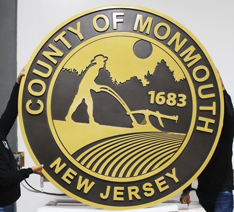CP-1319 - Large Carved 2.5-D Multi-level Building Plaque of The Seal of the County of Monmouth, New Jersey