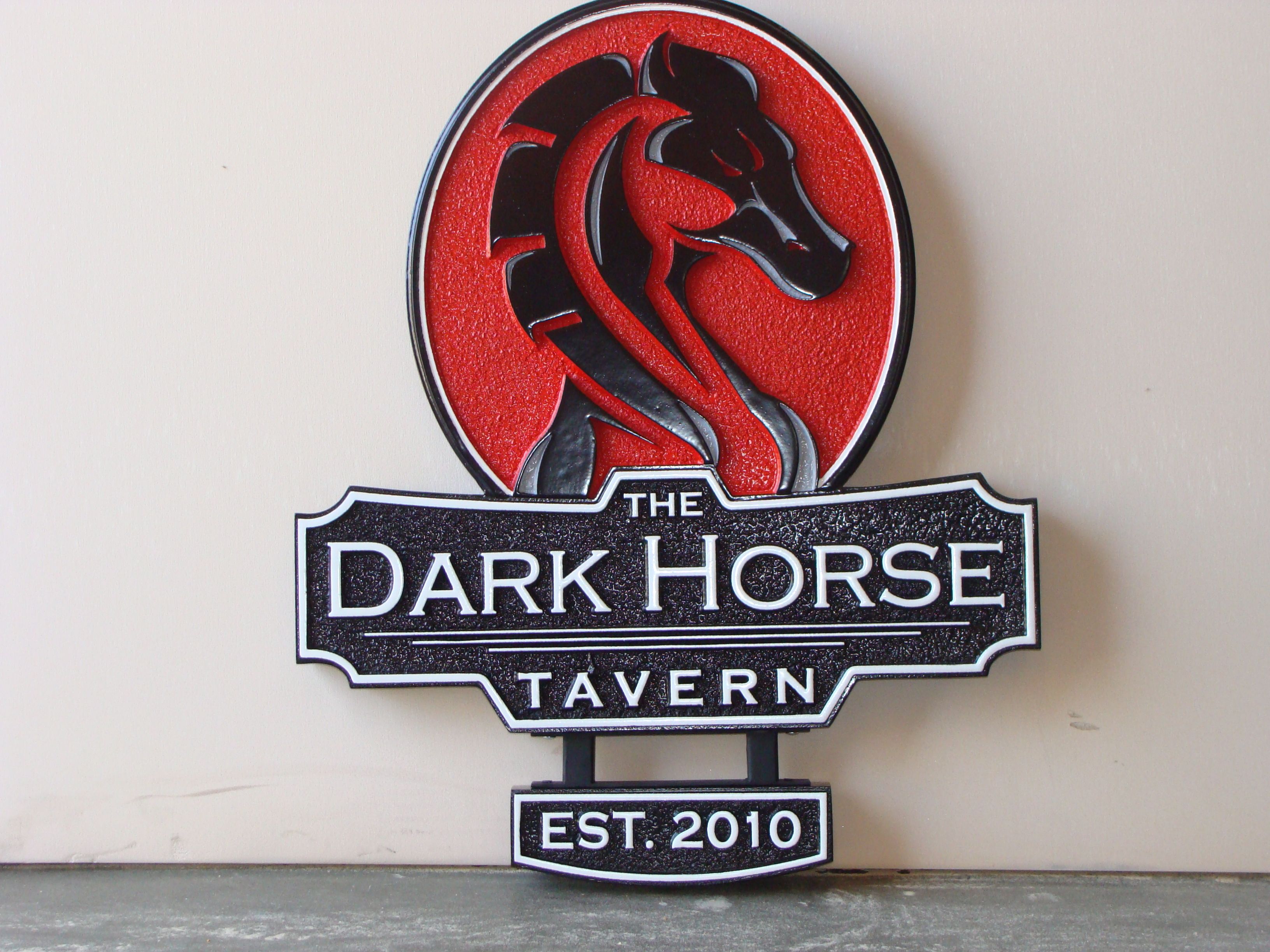 Q25702 - Carved HDU (Wood Avail.) Sign for "Dark Horse Tavern" and Restaurant with Carved Head of Horse 
