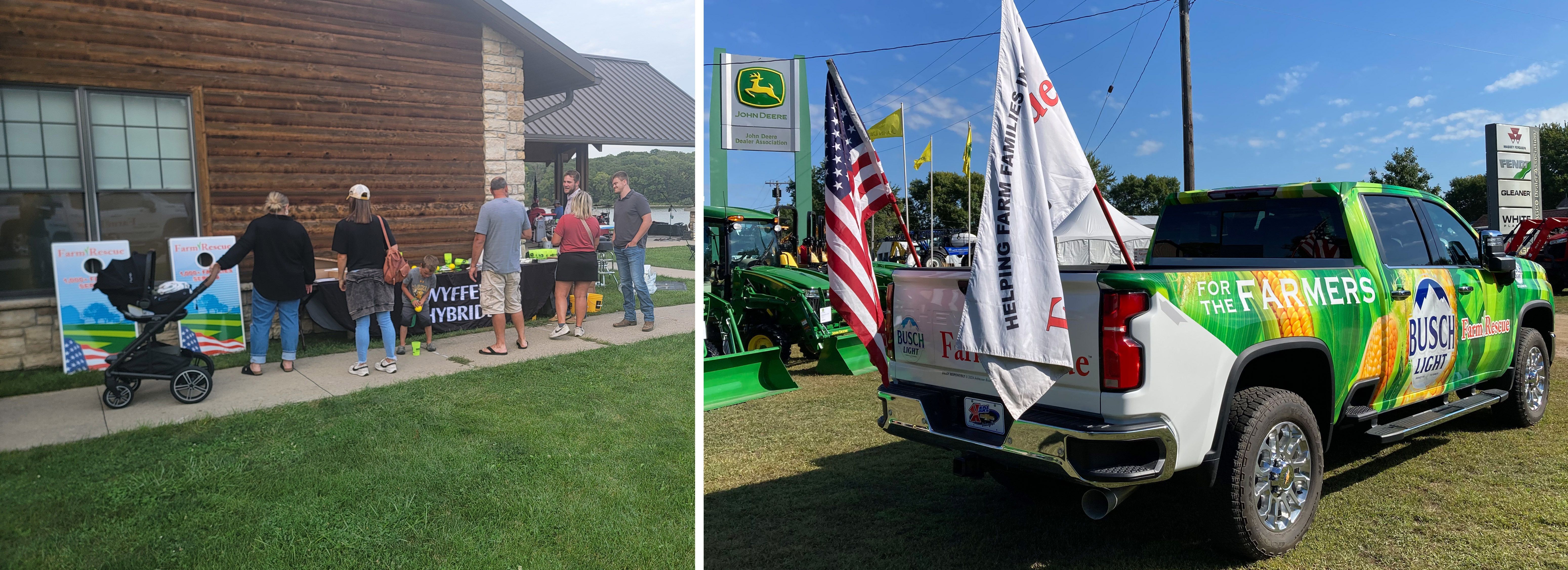 A group looks at Farm Rescue information and a white Chevrolet pickup with pictures of corn on it