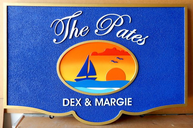 M1249 - Coastal Residence Property Name Sign, with Sailboat and a Setting Sun (Gallery 20)