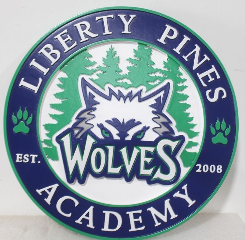 TP -1142 - Carved 2.5-D Multi-Level Artist-Painted Plaque of the Seal of Liberty Pines Academy 