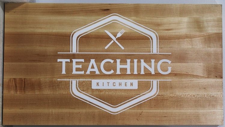 Q25057- Engraved Western Red Cedar  Wood  Sign for the teaching Kitchen, with Knife and Fork as Artwork