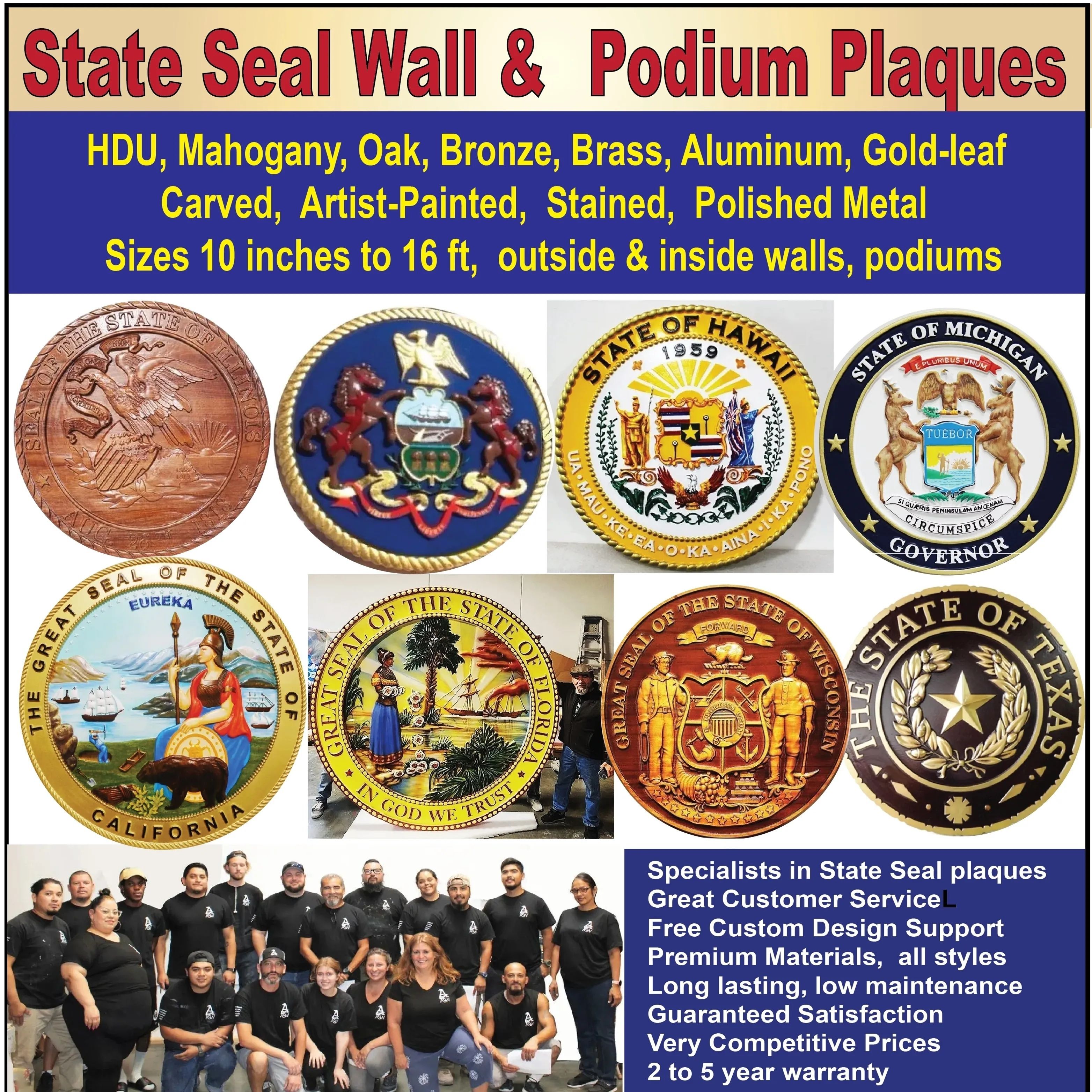 Carved Wall and podoum plaques of all US State seals, artist-painted, bronze, brass, aluminum, wood, and HDU