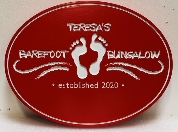 L21099 - Engraved HDU Beach House Name Sign "Theresa's Barefoot Bungalow", with Two Footprints as Artwork