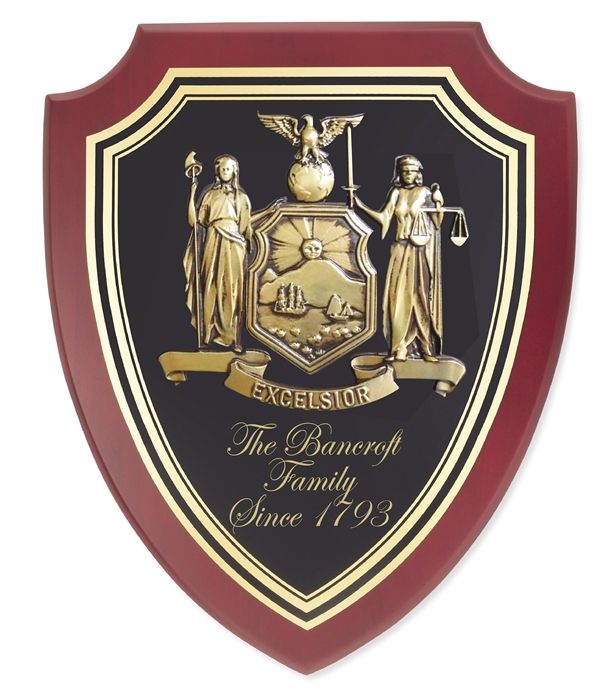 XP-2140 - Carved Shield Wall Plaque of Family Coat-of-Arms / Crest, Brass Plated with Mahogany Wood 