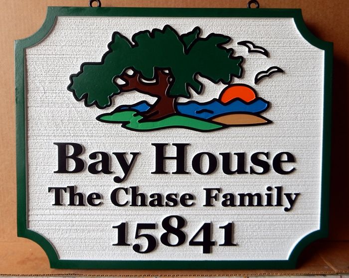 I18304 - Carved HDU Twin Fir Property Name and Address Sign "Bay House", with Tree and Sunset Artwork