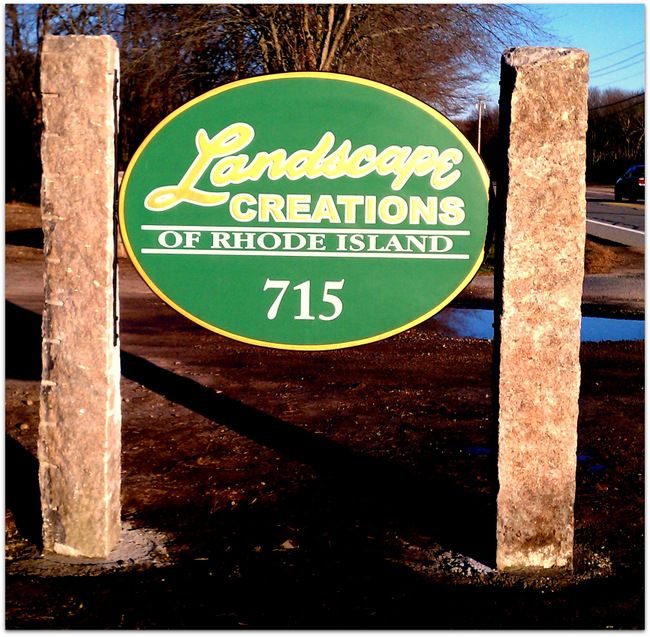 SC38200 - Entrance Sign to Landscaping Company, Carved  Sign with Stone Pillars