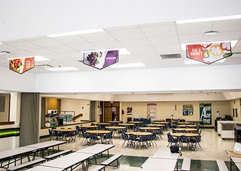 3 food banners hanging in school café, school banners, color splash style, food picture banners