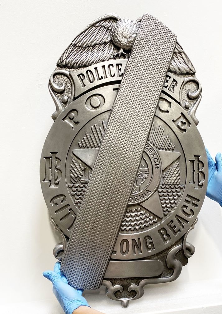 PP-1485- Carved 3-D HDU Wall Plaque of the  Badge of Police Officer with Deceased Stripe, Long Beach, California