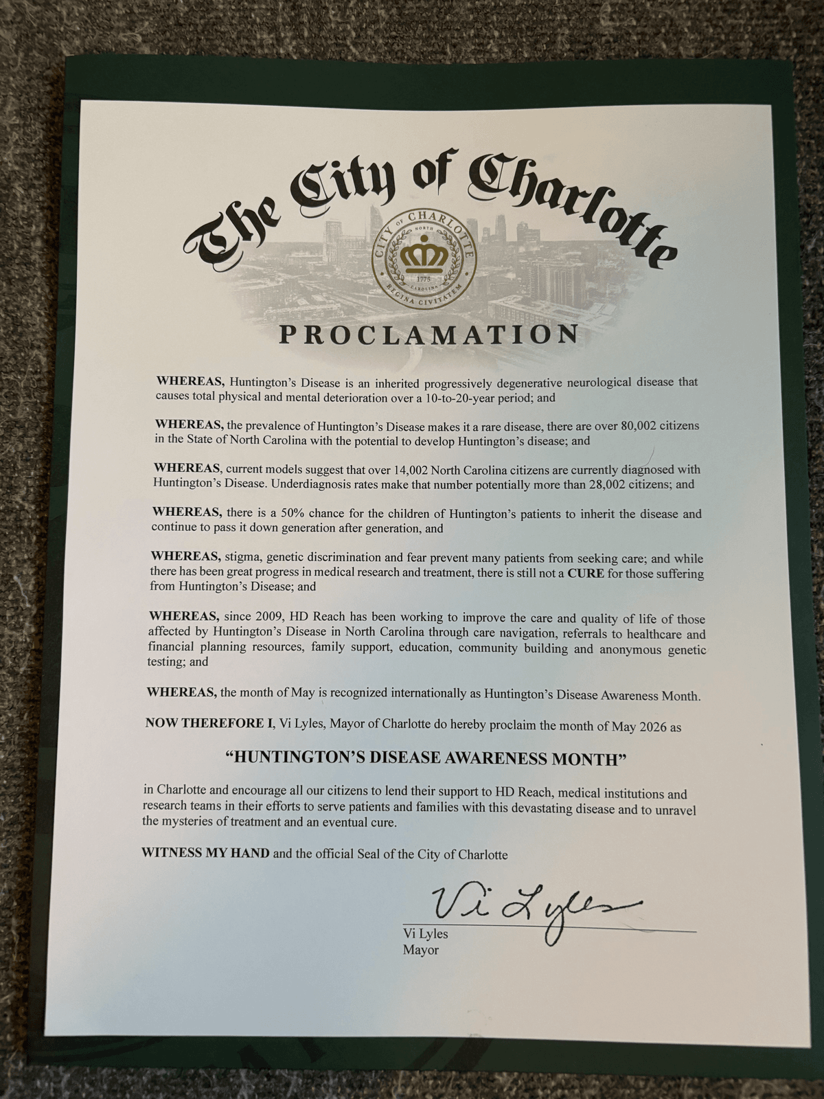 2026 Charlotte, NC Proclamation for HD Awareness Month