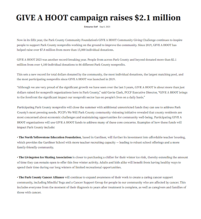 GIVE A HOOT campaign raises $2.1 million