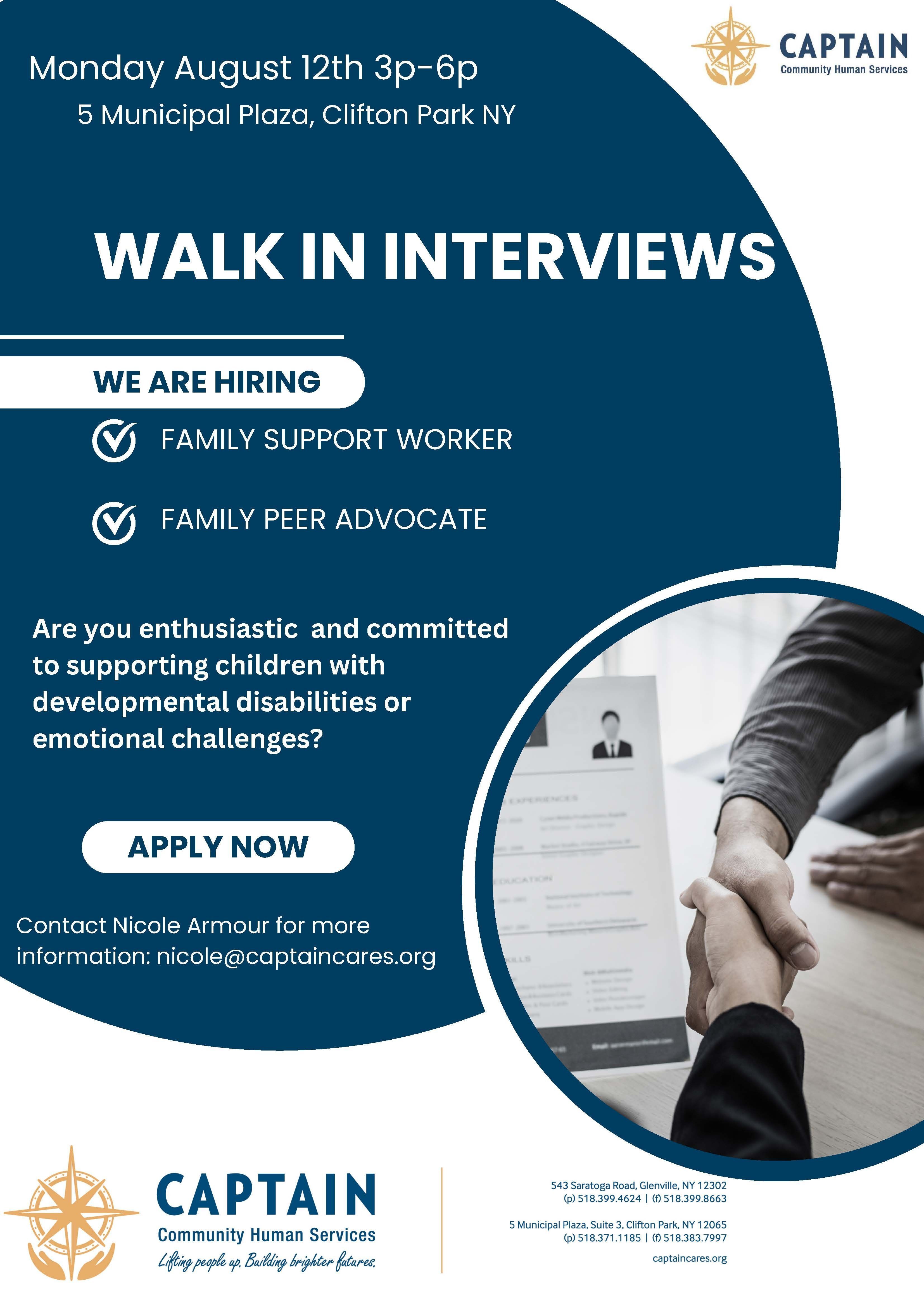 Join Our Team! Walk In Interviews for Family Support Worker & Family Peer Advocate - TWO Locations!