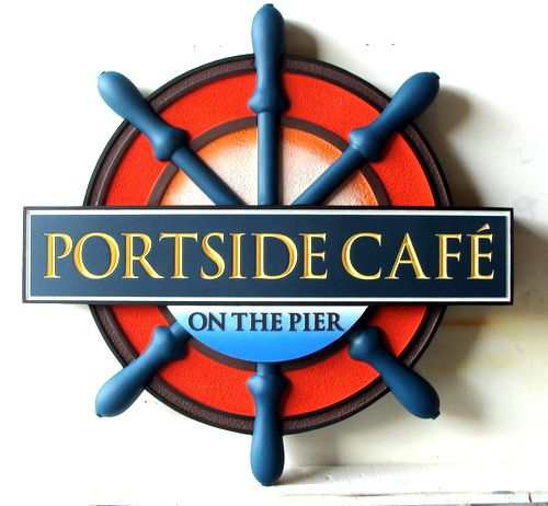 L22312 - Wharf Seafood Restaurant Sign, with Ships Wheel Carved from HDU and Gold Lettering, "Portside Cafe"