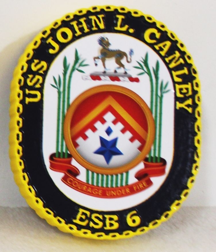 JP-1284 - Carved 2.5-D Multi-Level Plaque of the Crest of the USS John L. Canley, ESB 6, Expeditionary Mobile Base