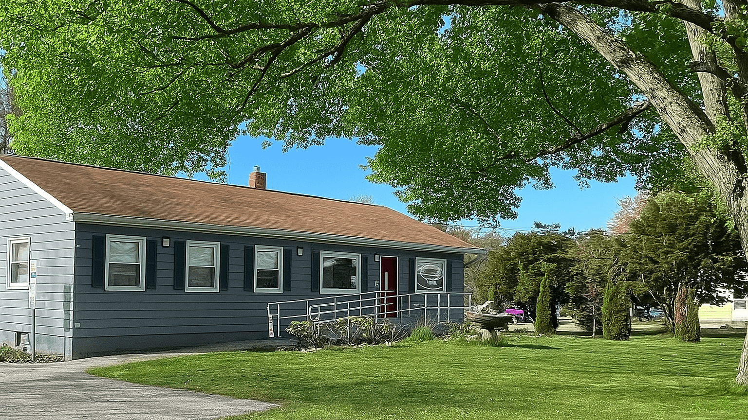 blue house under the shade of a tree.