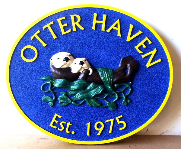 L21674 - Carved 3-D Seashore Residence Name Sign, "Otter Haven", with Otter Family in a Kelp Bed