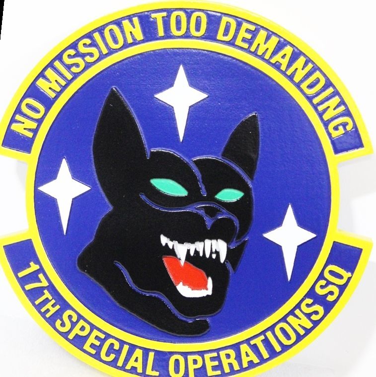 LP-3967 - Carved 2.5-D Multi-Level Raised Relief HDU Plaque of the Crest of the 17th Special Operations Squadron, "No Mission Too Demanding" 