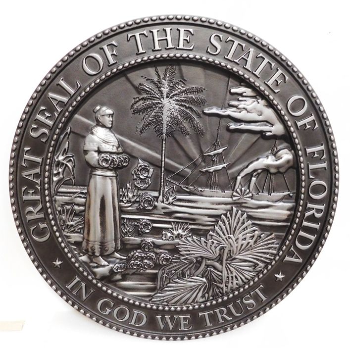BP-1135- Carved Plaque of the Seal of the State of Florida, Aluminum-Plated