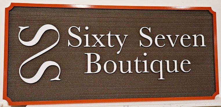 SA28381 - Carved and Sandblasted HDU Wood Grain Sign for "Sixty Seven Boutique" with Logo