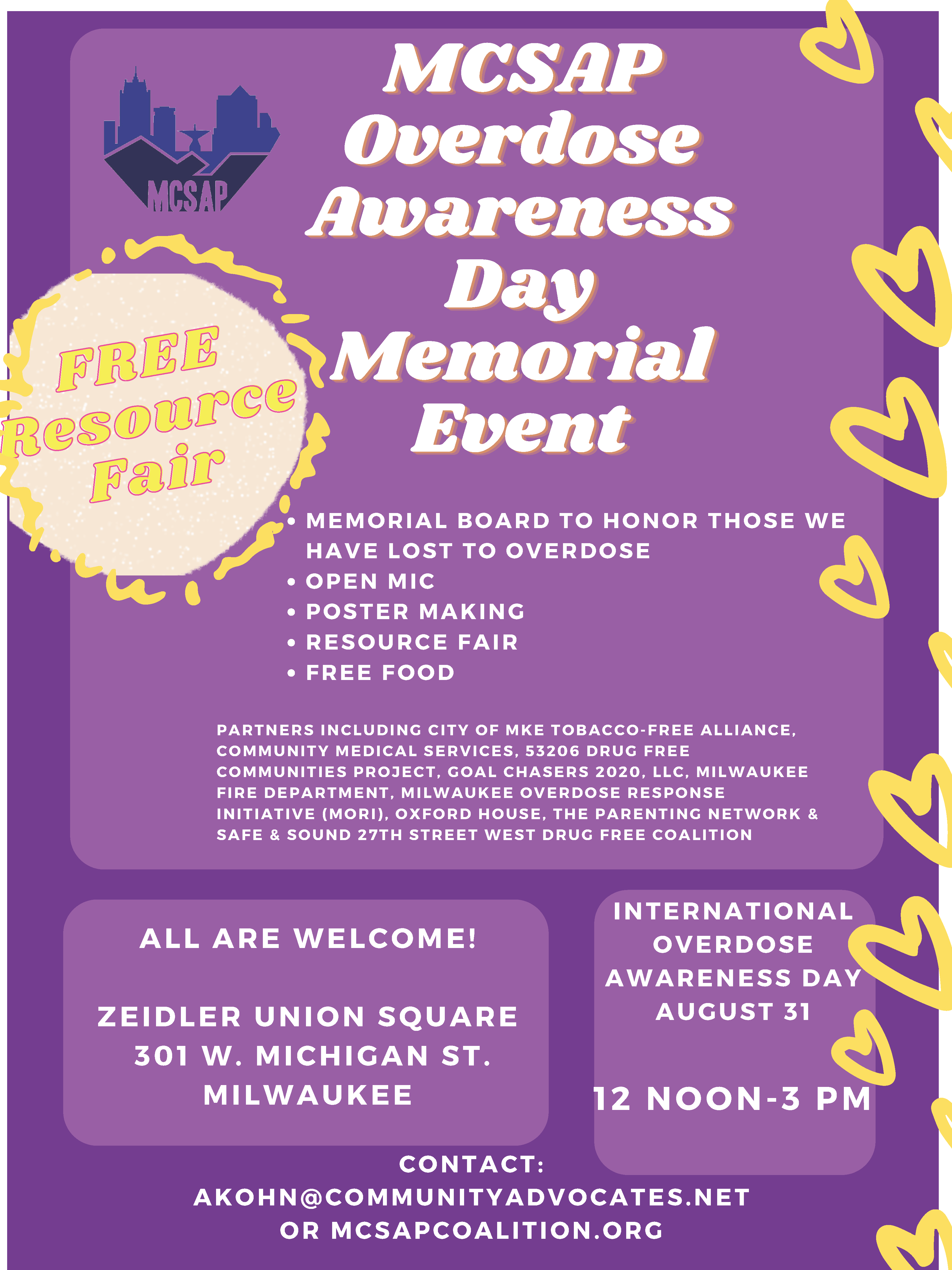 MCSAP overdose awareness day memorial event flyer 