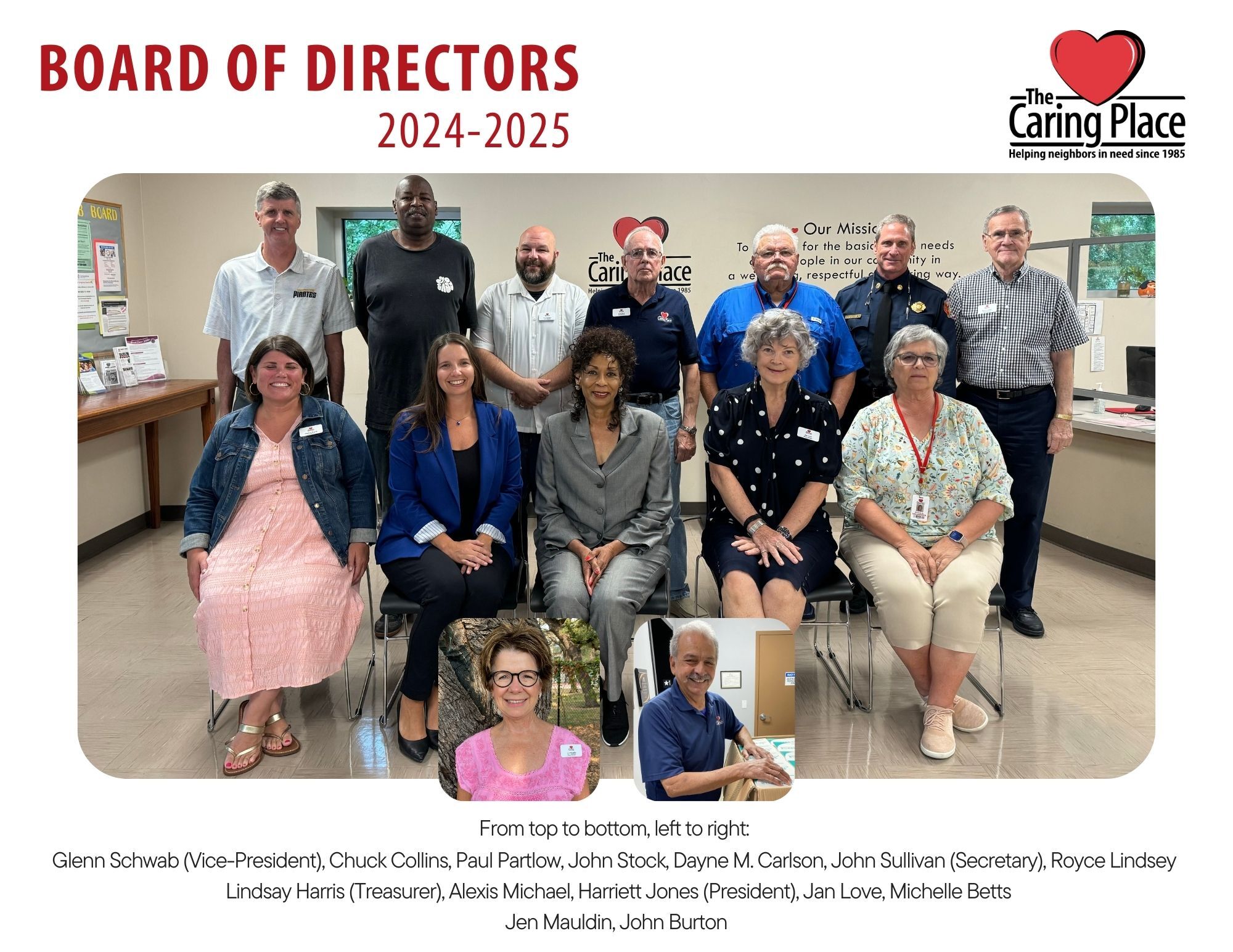 In the lobby of The Caring Place a group of individuals pose showcasing the 2024-2025 Board of Directors for the organization