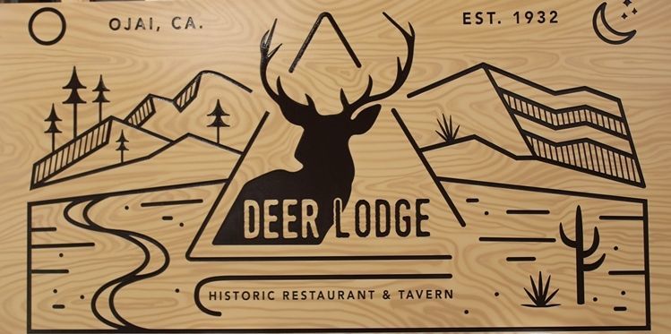 T29172 - Engraved HDU Sign for Deer Lodge, with a Painted Wood Grain Pattern and a Deer and Stylized Mountain Scene as Artwork 