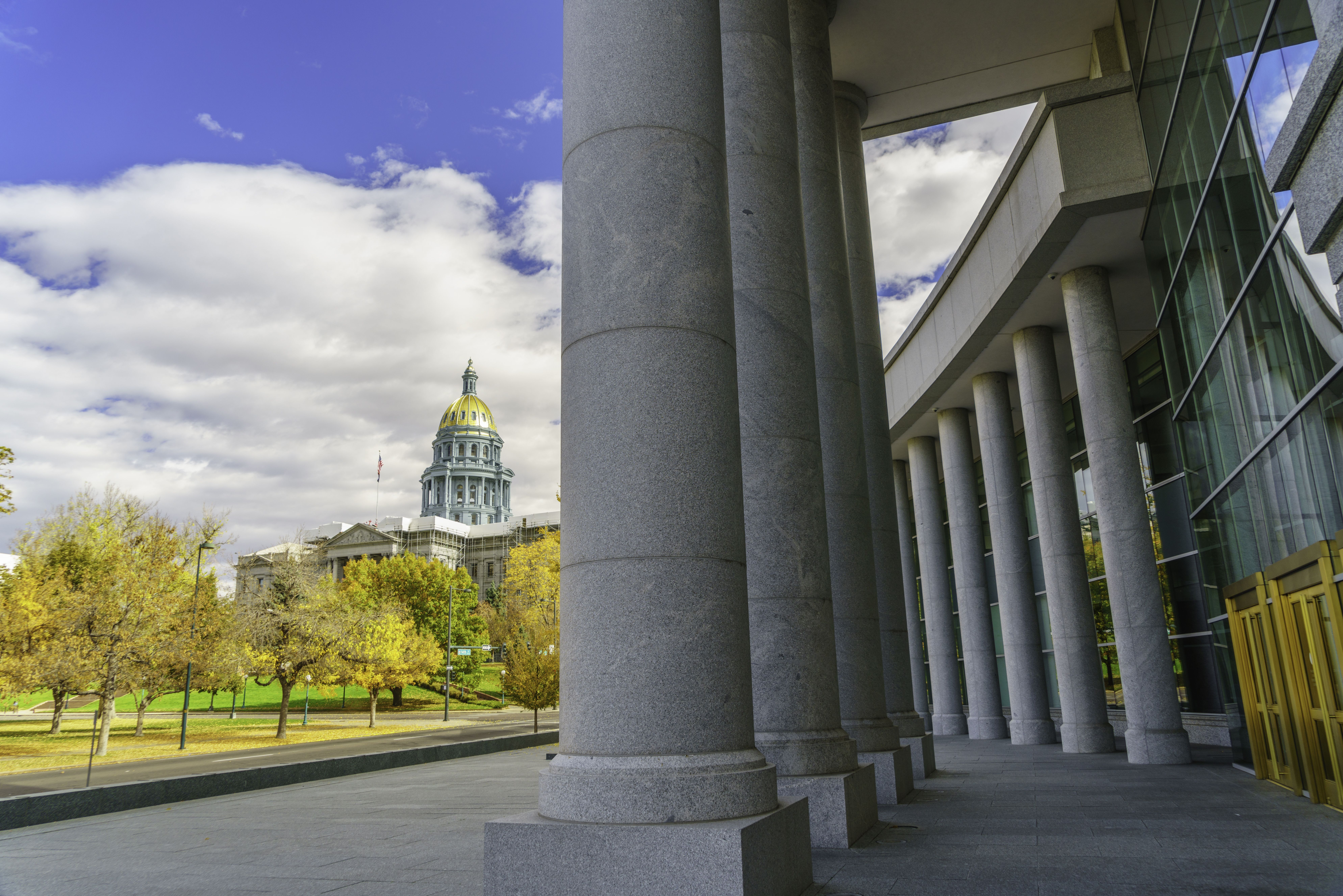 Front steps of the Ralph Carr Judicial Center in Denver, home of the Colorado Supreme Court and Court of Appeals, looking across toward the Colorado State Capitol building