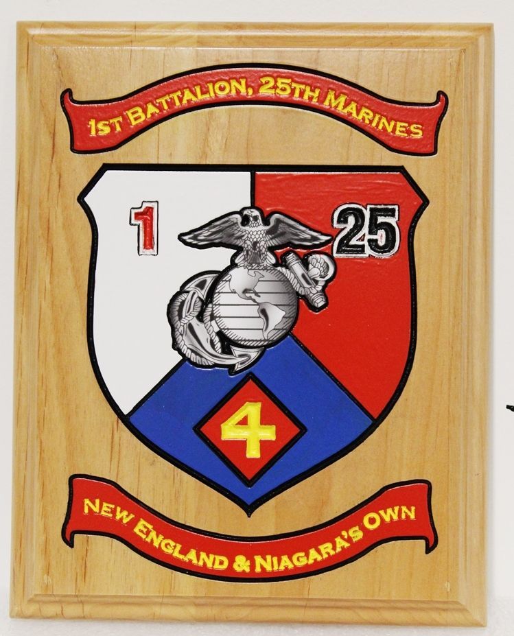 KP-2262 - Engraved Redwood Plaque of the Crest of the 1st Battalion, 25th Marines 